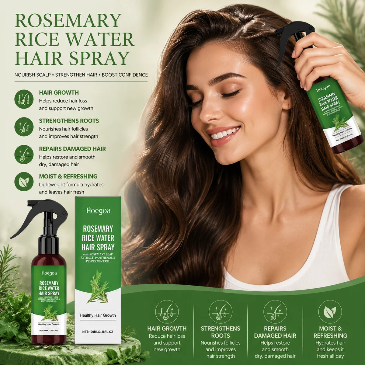 Rosemary Rice Water Hair Spray Anti Hair Loss Treatment for Very Dry and Damaged Hair Repair Strengthening Hair Growth Spray