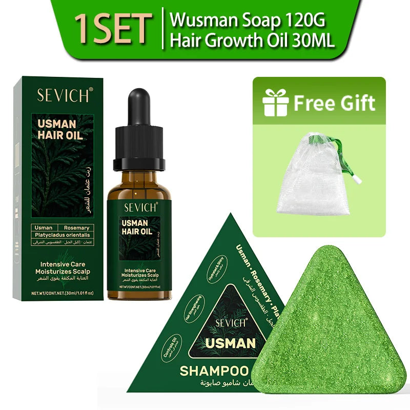 Natural Hair Growth Set Usman Grass Shampoo Soap Herbal Hair Regrowth Oil Anti Hair Loss Serum Scalp Care Spray for Men Women